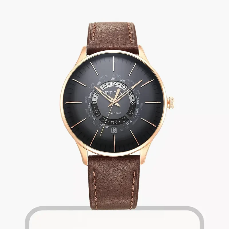 Titan Leather Strap World Time with Date Men's Watch | 90145WL01